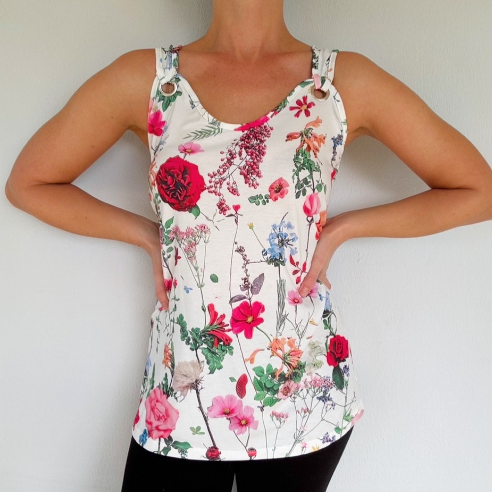 White colorful floral print grommet strap sleeveless stretch top size XL